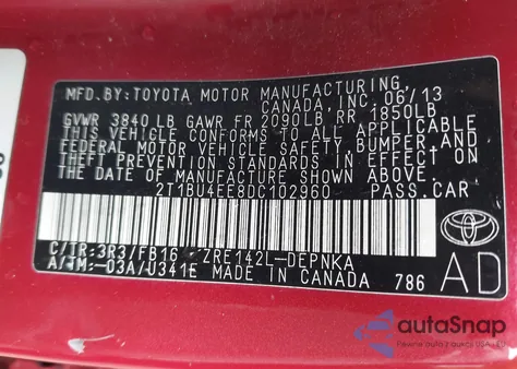 2013 Toyota Corolla S/Le из США, поврежденный, VIN 2T1BU4EE8DC102960